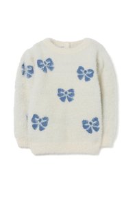 Pullover in crema sfocato con motivi a fiocco floreali blu. Collo rotondo, maniche lunghe, texture morbida e vestibilità rilassata con polsini a coste.