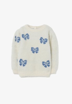 Suéter cremoso difuso con patrones de lazo floral azul. Cuello redondo, mangas largas, textura suave y corte relajado con puños acanalados.