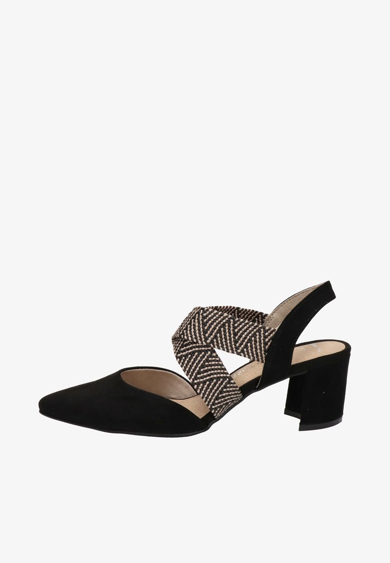 Escarpin en nubuck noir avec un bout pointu et des accents en tissage à motif croisé. Le talon carré offre de la stabilité et un design moderne.