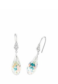 Pendientes de gancho de plata con cristales transparentes facetados en forma de lágrima y pequeñas piedras redondas transparentes en la parte superior.