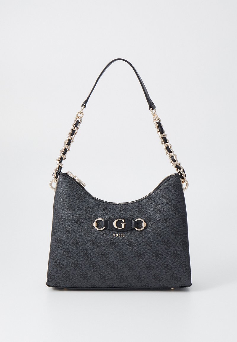 Borsa a tracolla nera in materiale sintetico con motivo logo in rilievo. Accenti in catena e tracolla dorata. Presenta un embellishment con logo sul davanti. Chiusura con zip.