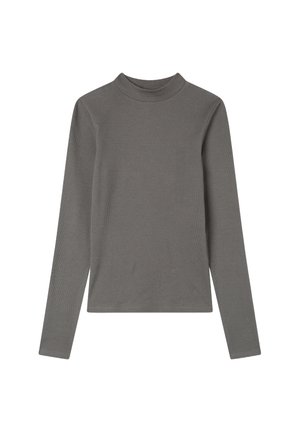 Długi rękaw, dopasowany top w średnio szarym prążkowanym materiale. Posiada wysoki okrągły dekolt i prosty krój, oferując gładką teksturę.