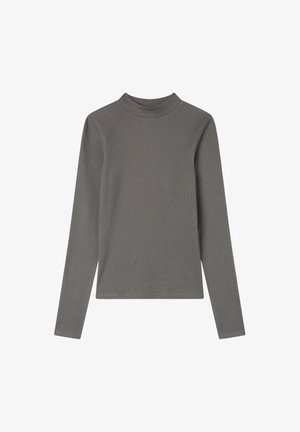 Długi rękaw, dopasowany top w średnio szarym prążkowanym materiale. Posiada wysoki okrągły dekolt i prosty krój, oferując gładką teksturę.