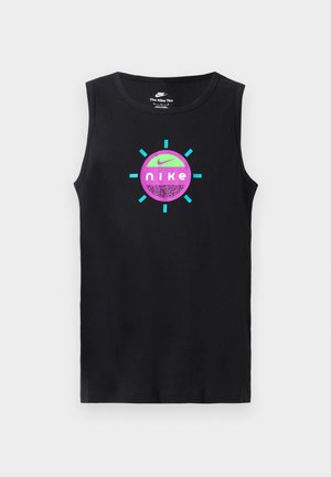 Black sleeveless shirt featuring a circular graphic in purple and teal with "Nike" text, accentuated by turquoise rays around the design.
