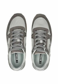 Graue Sneakers aus einer Mischung von Wildleder und Mesh-Materialien, mit rundem Zehenbereich, flachen Schnürsenkeln und sichtbarem Markenlogo an der Seite.