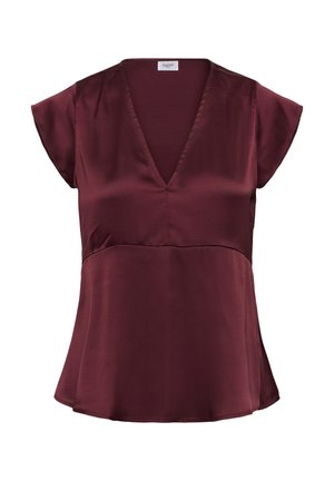 Bordeaux blouse met een V-hals, korte fladdermouwen en een uitlopende zoom. Gemaakt van glad, lichtgewicht stof met een subtiele glans.