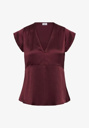 Bordeaux blouse met een V-hals, korte fladdermouwen en een uitlopende zoom. Gemaakt van glad, lichtgewicht stof met een subtiele glans.