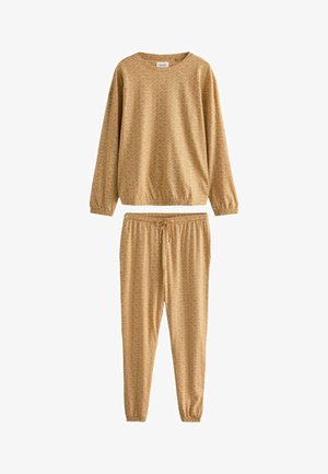Guldmönstrad loungewear-set som består av en långärmad topp med rund hals och matchande byxor med resårmidja och snörning.