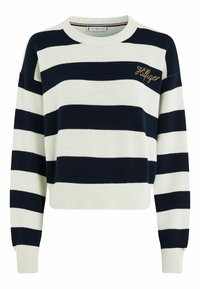 Gestreifter Pullover in Marineblau und Creme, gestrickter Stoff, runder Halsausschnitt, verkürztes Design, breite horizontale Streifen, gesticktes Markenlogo in Gold.