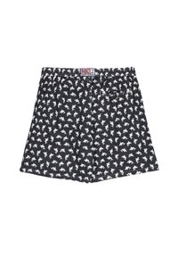 Pantaloni da bagno neri con stampa animale bianca. Il design include una vita elasticizzata e una tasca posteriore con dettagli a bottone.