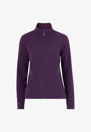 Lilla fleecejakke med høj krave, frontlynlås og to sidelommer med lynlås. Glat tekstur, figursyet design.