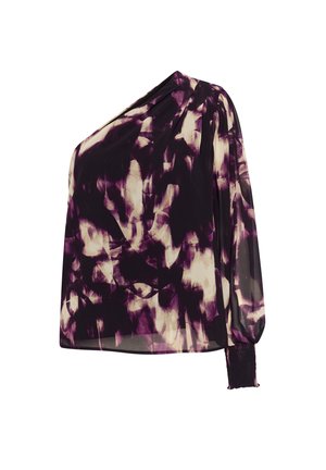 Blusa ampia senza spalle in tessuto trasparente, con un motivo astratto in viola e crema e dettagli arricciati nei polsini.