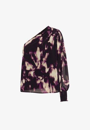 Bluzka na jedno ramię, o luźnym kroju z przezroczystej tkaniny, z fioletowo-kremowym abstrakcyjnym wzorem i marszczeniem przy mankiecie.