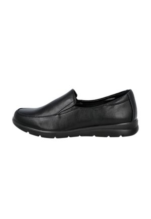 Zapato casual de cuero negro sin cordones, con punta redonda, suela acolchada y tacón bajo, mostrado de lado sobre un fondo blanco.