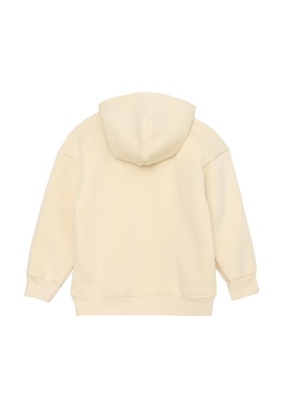 Felpa con cappuccio color crema, dal texture morbido, vestibilità casual, polsini a coste e una finitura powder ordinata sulla superficie.