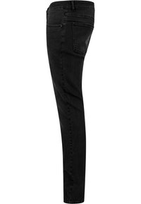 Jeans negri din denim cu o croială slim, având un design cu cinci buzunare, cusături vizibile și o textură netedă.