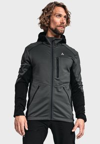 Men's hooded jacket in dark gray and black. Features a zippered chest pocket, two waist pockets, and contrasting textured sleeves.