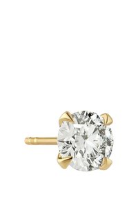 Guld studörhänge med en rund, klar cubic zirconia ädelsten, i en fyrklorsdesign med en slät, polerad yta.