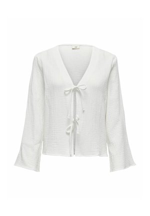 Blusa blanca de manga larga con escote en V, cierre de lazo en el frente, tejido texturizado y mangas acampanadas, que presenta un aspecto suave y arrugado.