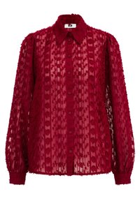 Rote transparente Bluse mit vertikalen Streifen, strukturierten floralem Detail, einem Kragen, Knopfverschluss und langen puff Ärmel mit elastischen Bündchen.