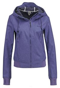 Sweat à capuche violet zippé avec cordons, trous pour le pouce aux poignets et capuche doublée, vue de face.