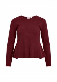 Burgundia värvi kootud kampsun pikkade varrukatega, ümmarguse kaelusega ja alt lehviv.