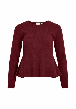 Bordowy sweter z dzianiny z długimi rękawami, okrągłym dekoltem i rozkloszowanym dołem. Całość ma prążkowaną fakturę.