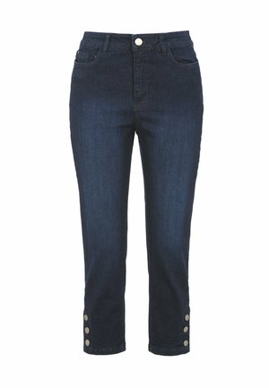 Dark blue denim jeans with a slim fit, featuring a high waist, two front pockets, and three silver buttons at the hem.