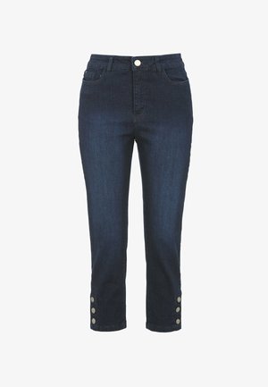 Dunkelblaue Jeans aus Denim im Slim-Fit mit hoher Taille, zwei Fronttaschen und drei silbernen Knöpfen am Saum.