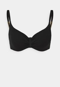Čierny bikiny top s podprsenkou a krúteným predným dizajnom, s nastaviteľnými popruhmi a zlatými hardvérovými detailmi pre zvýraznenie.