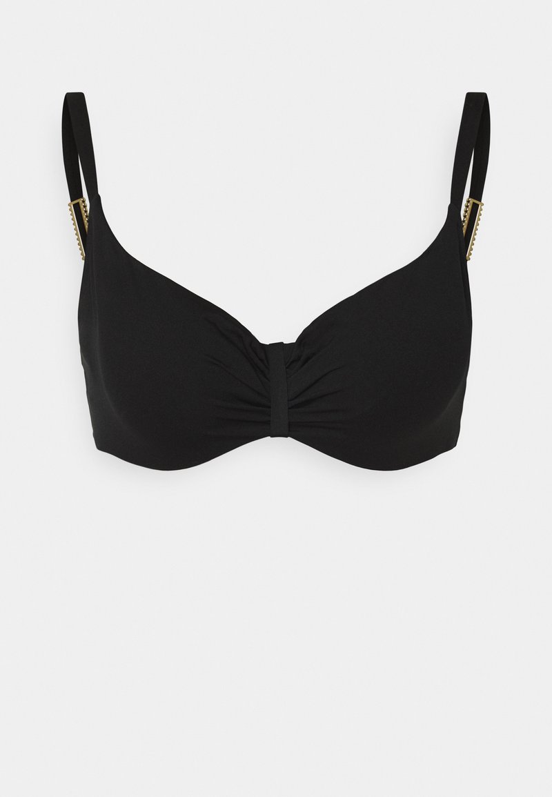 Čierny bikiny top s podprsenkou a krúteným predným dizajnom, s nastaviteľnými popruhmi a zlatými hardvérovými detailmi pre zvýraznenie.