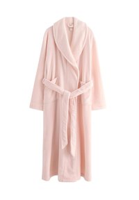 Light pink, long-sleeve robe made of soft fleece material. Features a shawl collar, belt, and two front pockets.