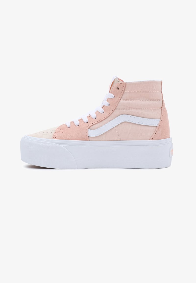 High-top sneaker with a light pink suede and fabric upper, white rubber sole, and classic white side stripe. Features flat white laces.