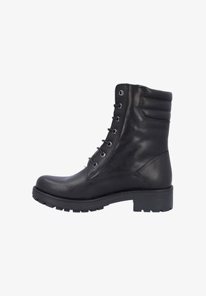 Bota negra de cuero hasta el tobillo con cordones en la parte delantera, punta redonda, cuello acolchado y acentos texturizados. Suela de goma gruesa con relieve para una mejor tracción.
