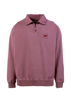Pullover-Sweatshirt in gedämpftem Mauve, aus weichem Stoff gefertigt. Verfügt über einen Viertelreißverschluss, einen Kragen und ein kleines erhabenes Logo auf der Brust.