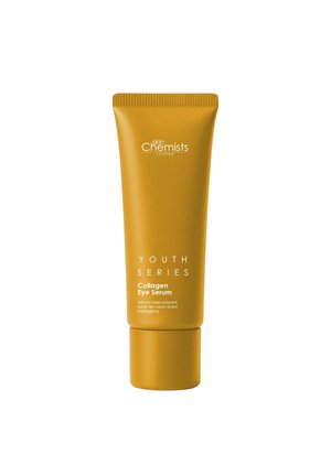 Musztardowożółta tubka Skin Chemists Youth Series Collagen Eye Serum z białym napisem na jednolitym białym tle.