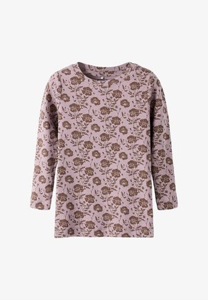 Langärmliges, geripptes rosa Shirt mit braunem Blumenmuster, rundem Ausschnitt und geradem Saum.