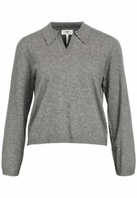 Szary sweter z długim rękawem i dekoltem w kształcie litery V, z przymocowanym kołnierzykiem, wykonany z miękkiej dzianiny, zaprezentowany na białym tle.