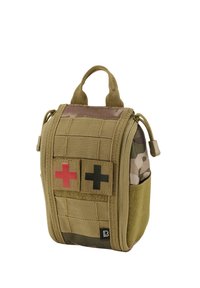 Tactical first aid pouch in khaki and camouflage, featuring red and black cross patches, multiple compartments, zipper and carry handle.