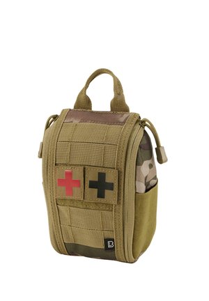 Tactical first aid pouch in khaki and camouflage, featuring red and black cross patches, multiple compartments, zipper and carry handle.