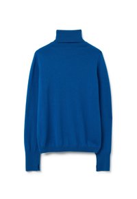 Maglione a collo alto blu in morbido tessuto a maglia. Presenta maniche lunghe, polsini a costine e spacchi laterali all'orlo inferiore per facilitare il movimento.