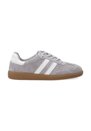 Gray suede sneaker with white leather accents and three white stripes. Features a gum rubber sole and textured laces.