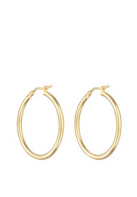 Boucles d'oreilles en métal doré avec un design lisse et arrondi. Dotées d'un fermoir à charnière pour un port sécurisé. Taille moyenne, avec une finition polie.