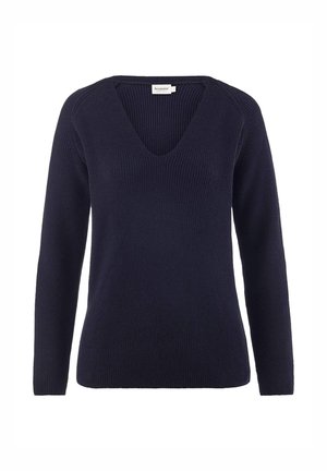 Navy blauwe gebreide trui met V-hals, lange mouwen en ribbeltextuur. Heeft een relaxed fit en subtiele naaddetails bij de schouders.