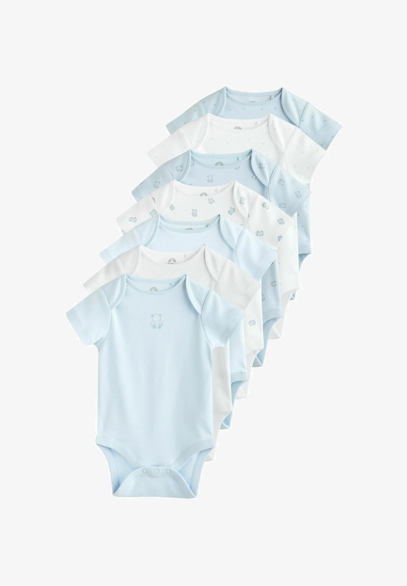 Set sedmih bodysuitov za dojenčke v svetlo modri in beli barvi. Imajo kratke rokave, so narejeni iz mehkega bombaža in vsebujejo različne subtilne živalske vzorce.