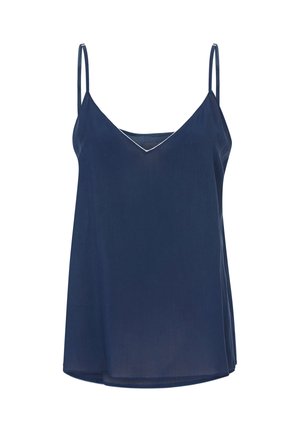 Camisole sans manches bleu marine avec des bretelles fines et un décolleté en V, fabriquée en tissu léger, présentée sur un fond blanc.