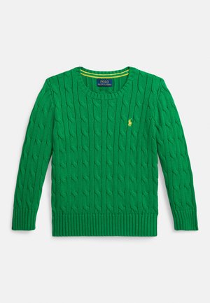 Suéter de punto verde con un patrón texturizado de cables. Puños y dobladillo acanalados. Pequeño logo de polo amarillo en el pecho. Cuello redondo.