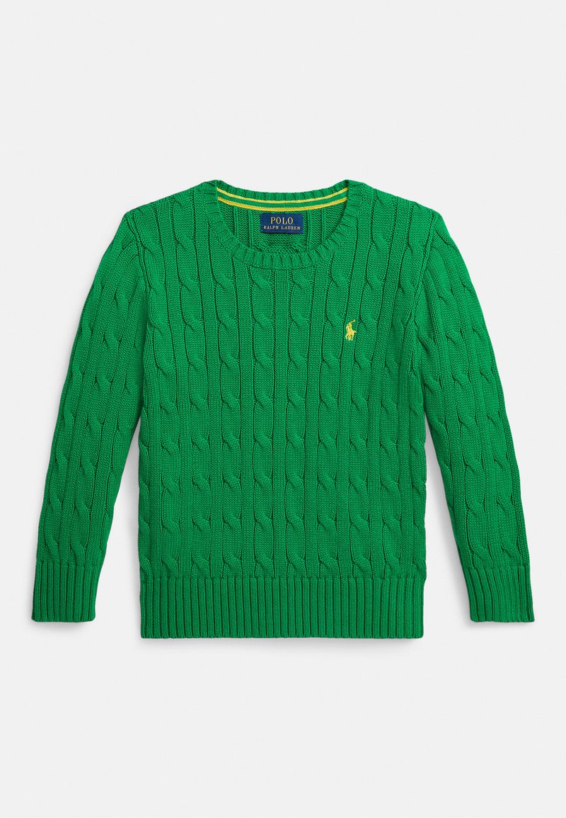 Zaļš adīts džemperis ar reljefu kabeles rakstu. Ribotas aproces un apmale. Neliels dzeltens Polo logotips uz krūtīm. Apaļa kakla izgriezums.