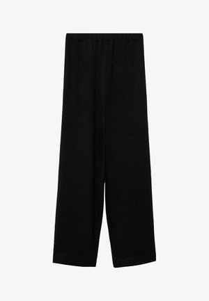 Pantaloni negri cu picioare largi, realizați dintr-un material texturat, cu un brâu elastic, având un siluetă lejeră și fără embellismente vizibile.