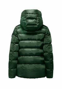 Groene puffer jacket met een capuchon, voorzien van een gequilt ontwerp, glanzende textuur en dikke padding. De achterkant toont de geïsoleerde structuur.